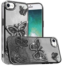 For iPhone 16e Case Bling Butterflies 3D Glitter Phone Cover + Tempered Glass