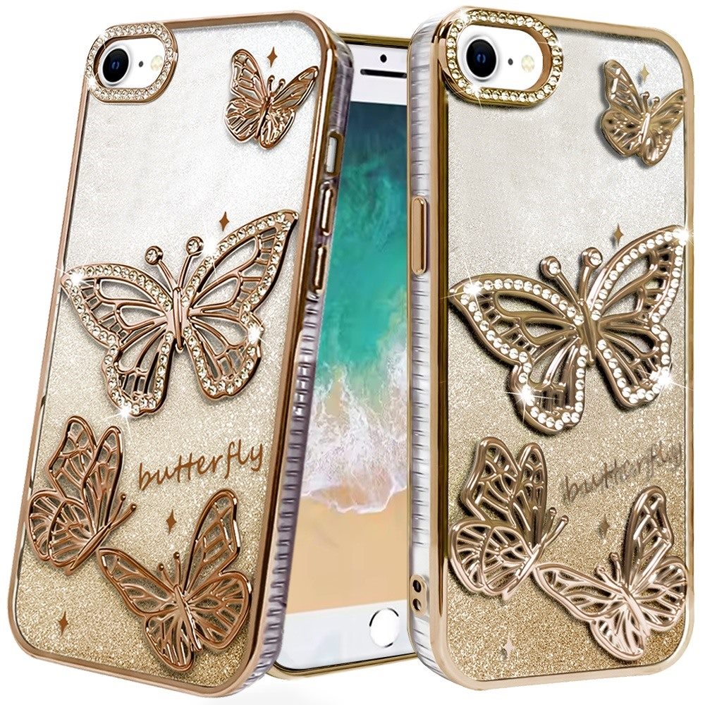 For iPhone 16e Case Bling Butterflies 3D Glitter Phone Cover + Tempered Glass