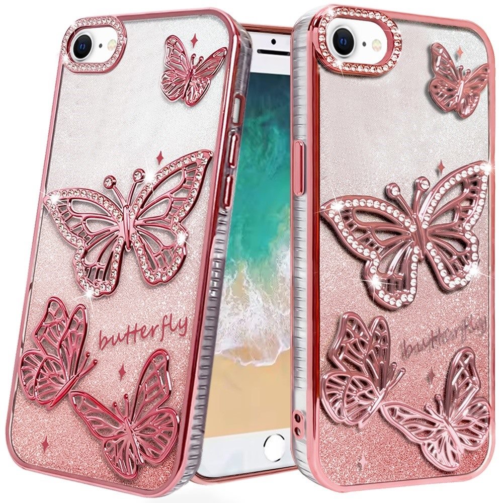 For iPhone 16e Case Bling Butterflies 3D Glitter Phone Cover + Tempered Glass