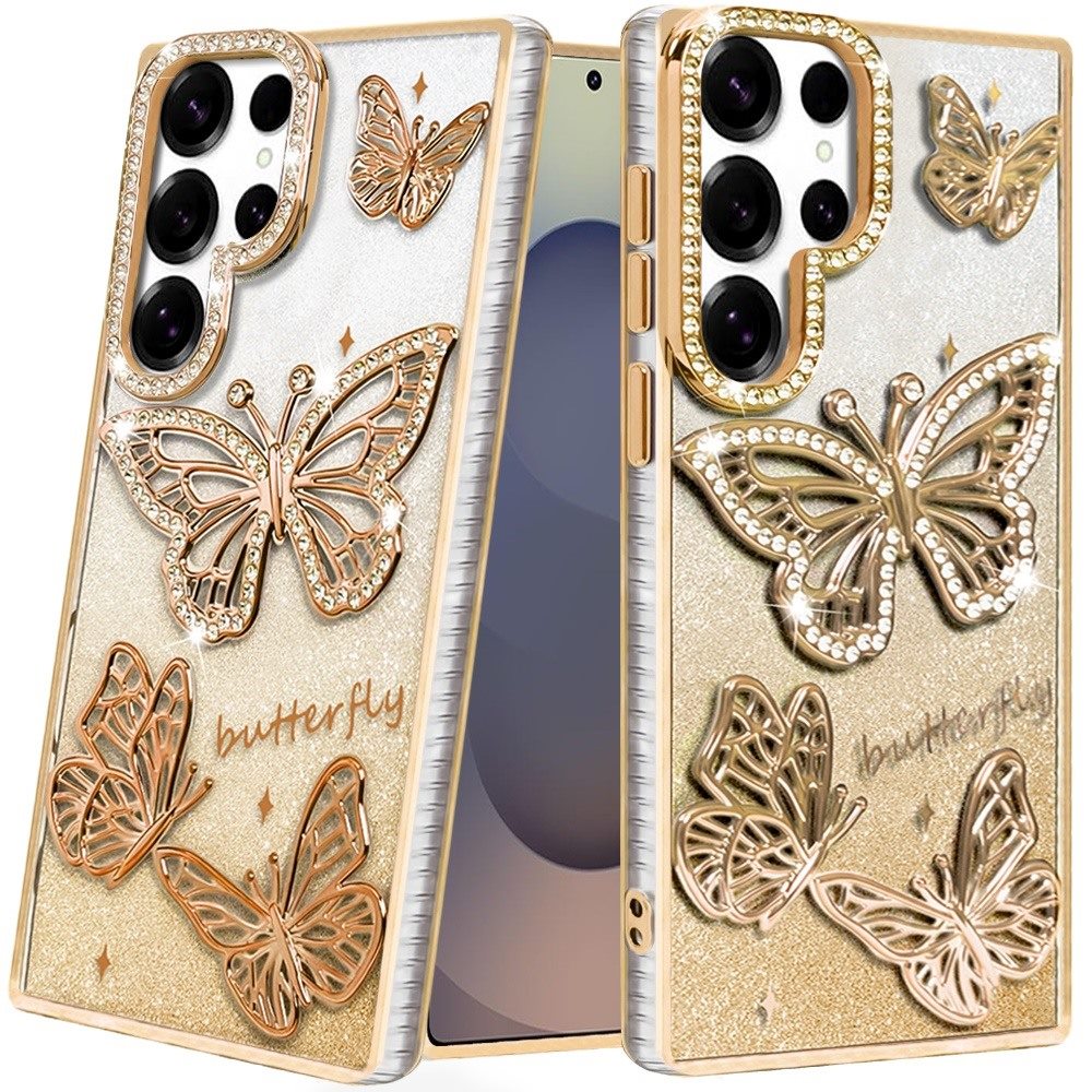 For Samsung S25 Ultra Case Bling Butterflies 3D Glitter Cover + Tempered Glass