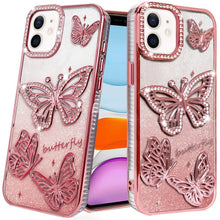 For iPhone 11 6.1 in. Case Bling Butterflies 3D Glitter Cover + Tempered Glass