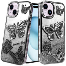 For iPhone 15 Case Bling Butterflies 3D Glitter Phone Cover + 2 Tempered Glass