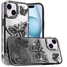 For iPhone 15 Case Bling Butterflies 3D Glitter Phone Cover + 2 Tempered Glass