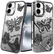 For iPhone 16 6.1inch Case Bling Butterflies 3D Glitter Cover + Tempered Glass