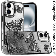 For iPhone 16 6.1inch Case Bling Butterflies 3D Glitter Cover + Tempered Glass