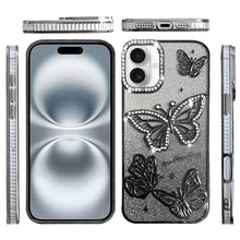 For iPhone 16 6.1inch Case Bling Butterflies 3D Glitter Cover + Tempered Glass