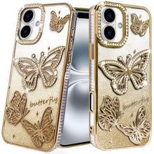 For iPhone 16 6.1inch Case Bling Butterflies 3D Glitter Cover + Tempered Glass