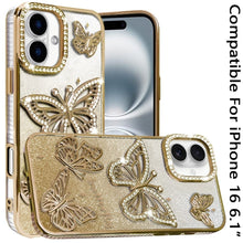 For iPhone 16 6.1inch Case Bling Butterflies 3D Glitter Cover + Tempered Glass