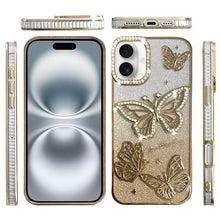 For iPhone 16 6.1inch Case Bling Butterflies 3D Glitter Cover + Tempered Glass