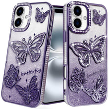For iPhone 16 6.1inch Case Bling Butterflies 3D Glitter Cover + Tempered Glass