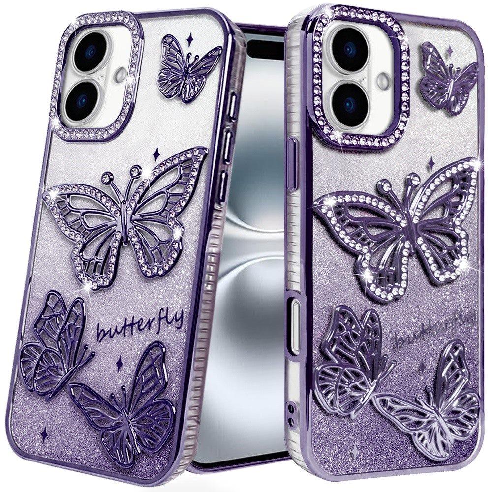 For iPhone 16 6.1inch Case Bling Butterflies 3D Glitter Cover + Tempered Glass