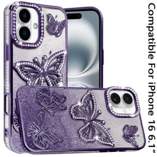 For iPhone 16 6.1inch Case Bling Butterflies 3D Glitter Cover + Tempered Glass