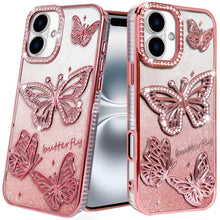For iPhone 16 6.1inch Case Bling Butterflies 3D Glitter Cover + Tempered Glass