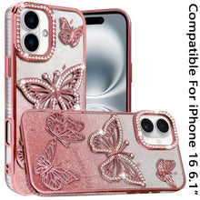 For iPhone 16 6.1inch Case Bling Butterflies 3D Glitter Cover + Tempered Glass