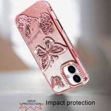 For iPhone 16 6.1inch Case Bling Butterflies 3D Glitter Cover + Tempered Glass