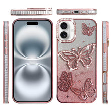 For iPhone 16 6.1inch Case Bling Butterflies 3D Glitter Cover + Tempered Glass