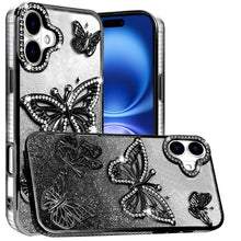 For iPhone 17 Case Bling Butterflies 3D Glitter Phone Cover + Tempered Glass