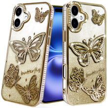 For iPhone 17 Case Bling Butterflies 3D Glitter Phone Cover + Tempered Glass