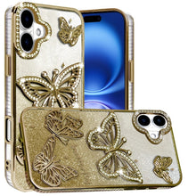 For iPhone 17 Case Bling Butterflies 3D Glitter Phone Cover + Tempered Glass