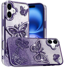 For iPhone 17 Case Bling Butterflies 3D Glitter Phone Cover + Tempered Glass