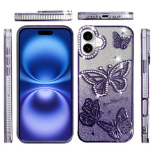For iPhone 17 Case Bling Butterflies 3D Glitter Phone Cover + Tempered Glass