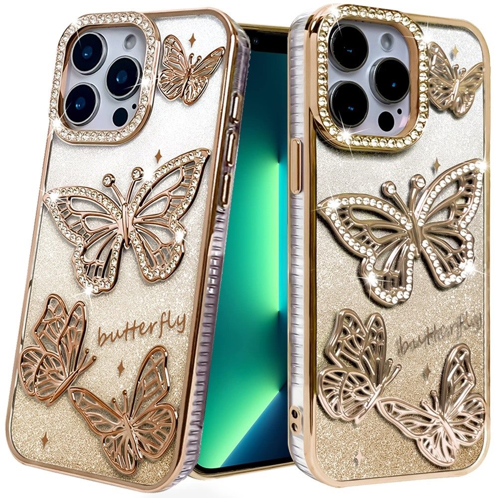 For iPhone 15 Pro Max Case Bling Butterflies 3D Glitter Cover + 2 Tempered Glass