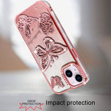 For iPhone 13/14 Case Bling Butterflies 3D Glitter Phone Cover + Tempered Glass