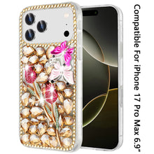For iPhone 17 Pro Max Case Full Diamond Bling 3D Jewel Ornaments +Tempered Glass
