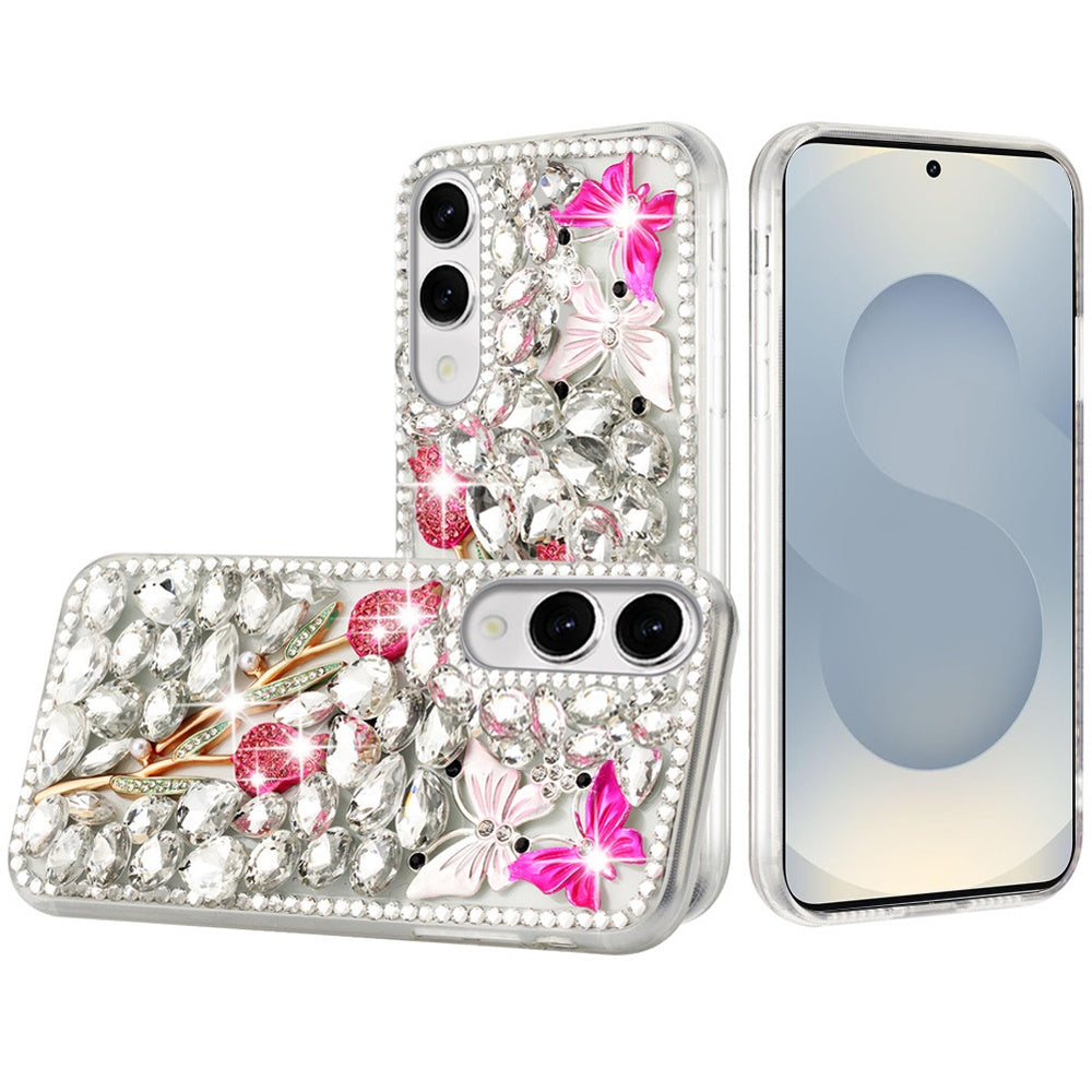 For Samsung S25 Edge Case Full Diamond Bling 3D Jewel Ornaments + Tempered Glass