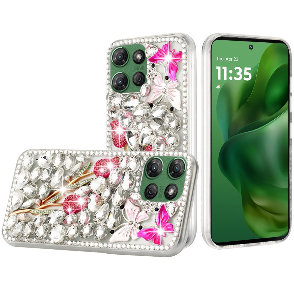 For Moto G Power 2025 Case Full Faux Diamond Bling w/ 3D Jewel + Tempered Glass