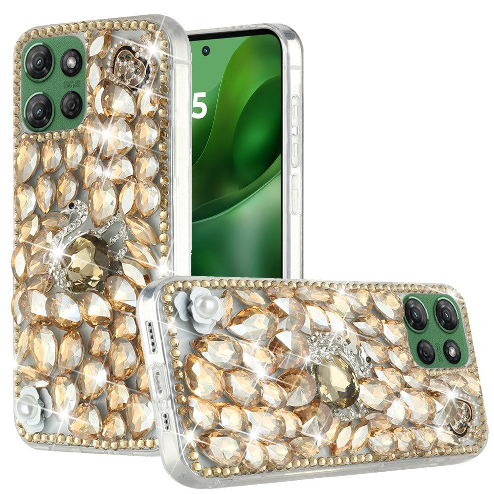 For Moto G Power 2025 Case Full Faux Diamond Bling w/ 3D Jewel + Tempered Glass