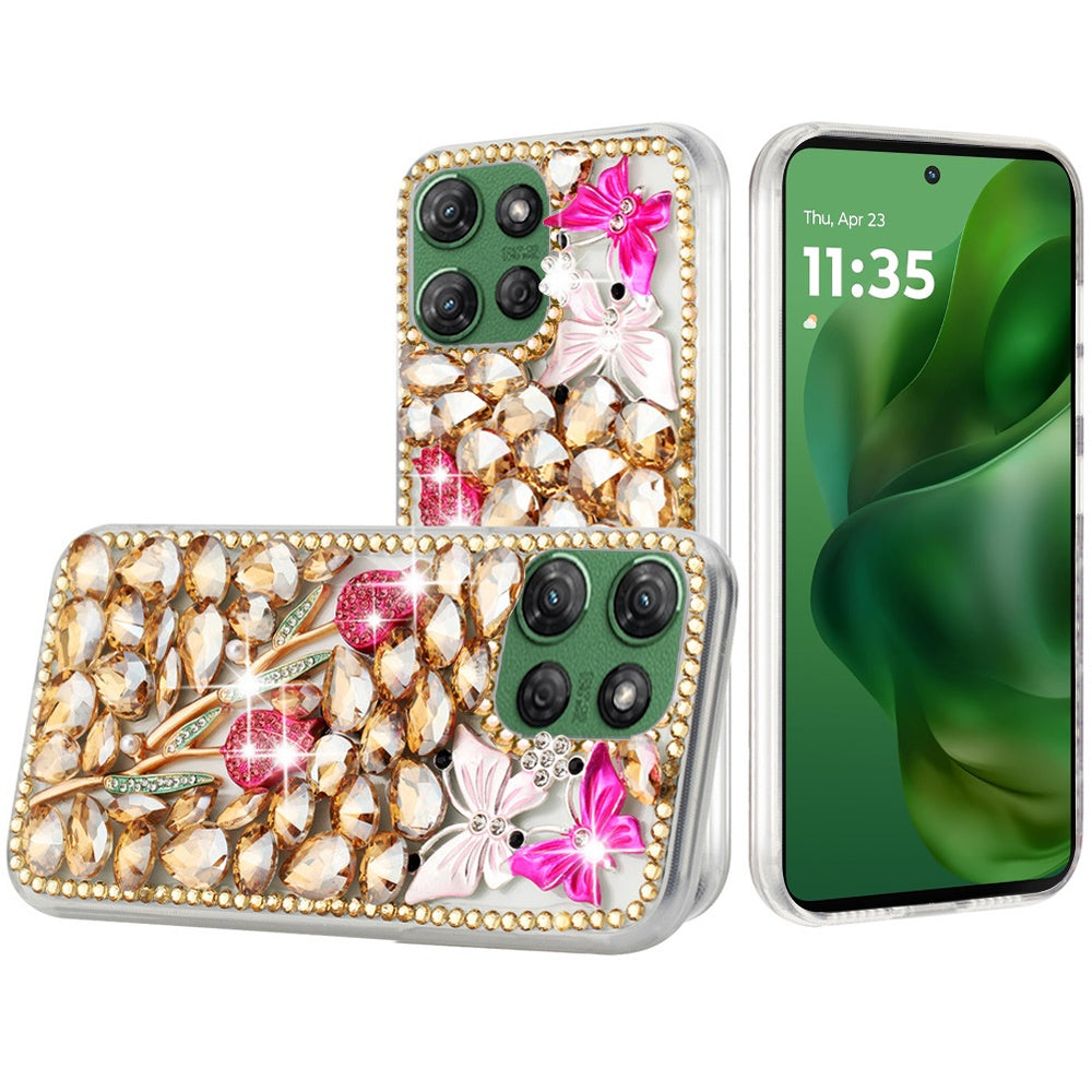 For Moto G Power 2025 Case Full Faux Diamond Bling w/ 3D Jewel + Tempered Glass