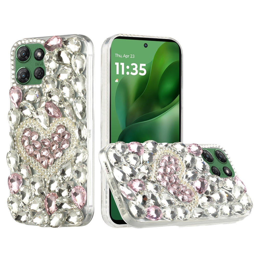 For Moto G Power 2025 Case Full Faux Diamond Bling w/ 3D Jewel + Tempered Glass