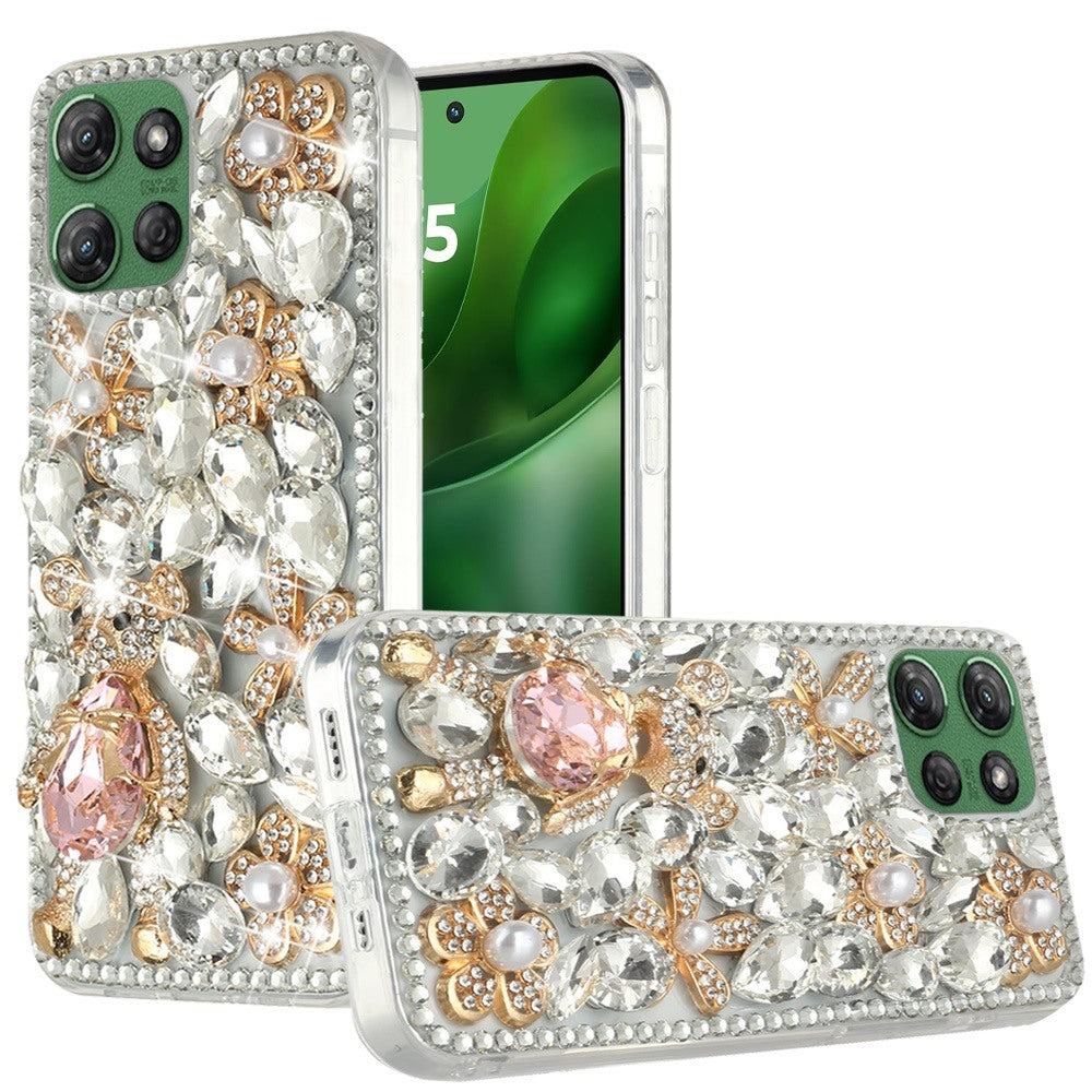 For Moto G Power 2025 Case Full Faux Diamond Bling w/ 3D Jewel + Tempered Glass