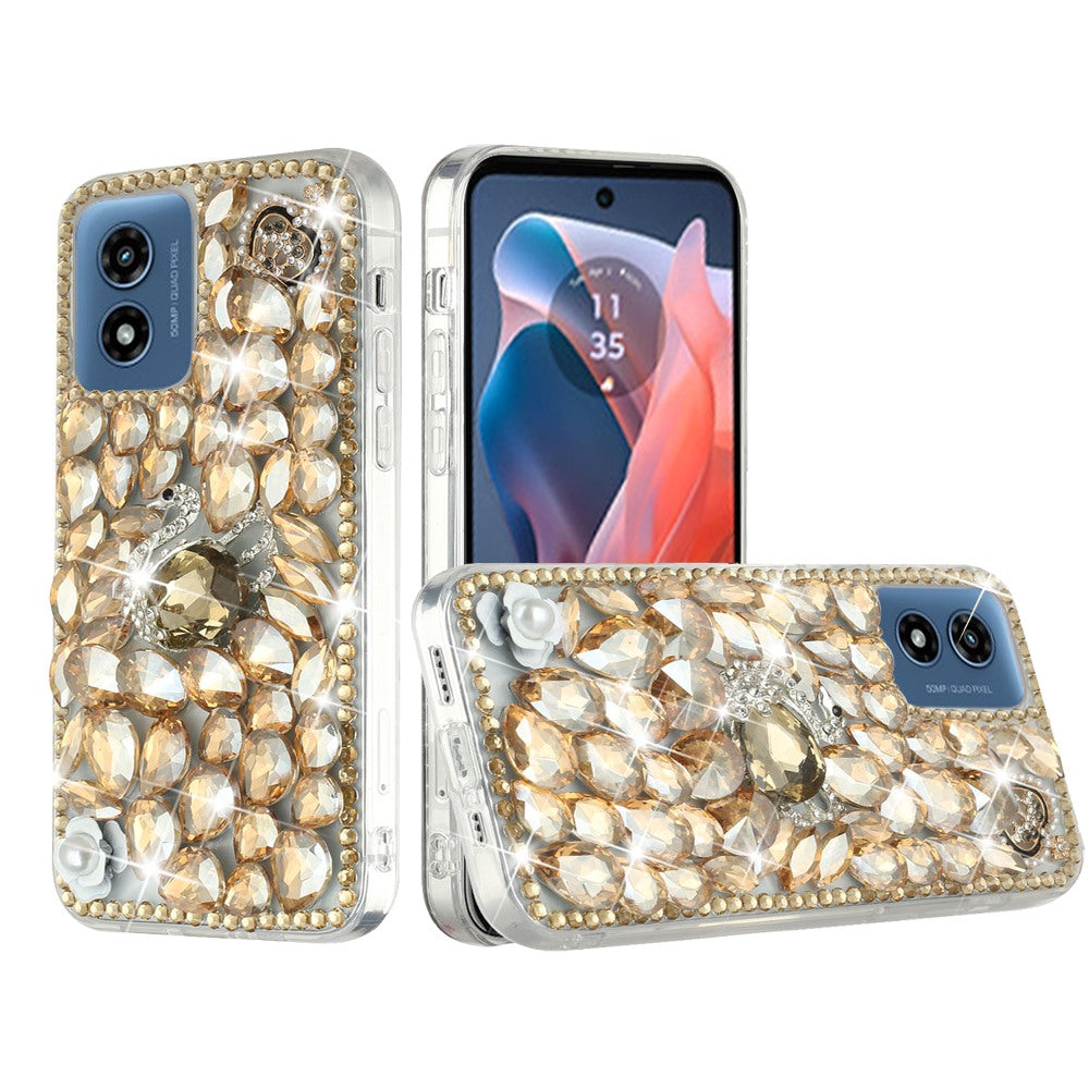 For Moto G Play 2024 Case Full Faux Diamond Bling with 3D Jewel + Tempered Glass