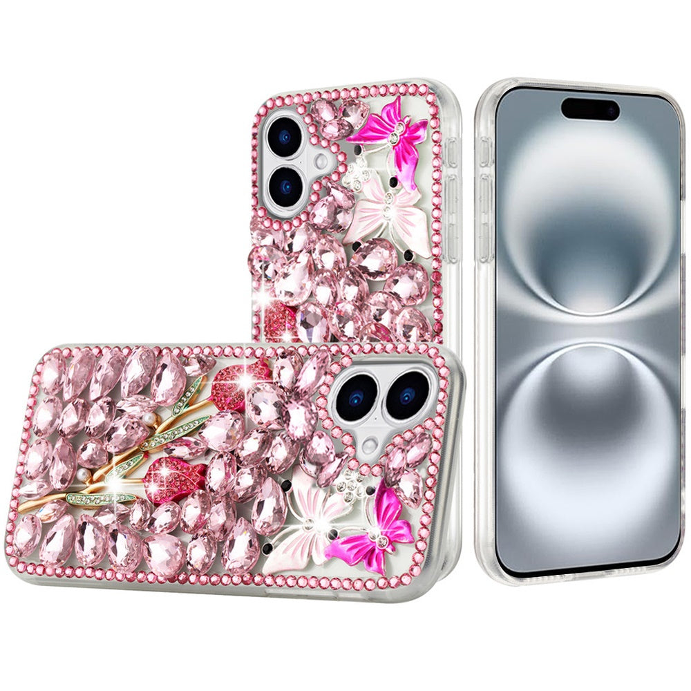 For iPhone 16 Plus 6.7in Case Full Bling Rhinestones Phone Cover +Tempered Glass