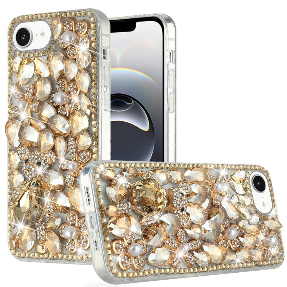 For iPhone 16e Case Full Diamond Bling Cover Faux 3D Jewels + Tempered Glass