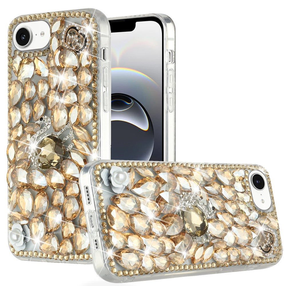 For iPhone 16e Case Full Diamond Bling Cover Faux 3D Jewels + Tempered Glass