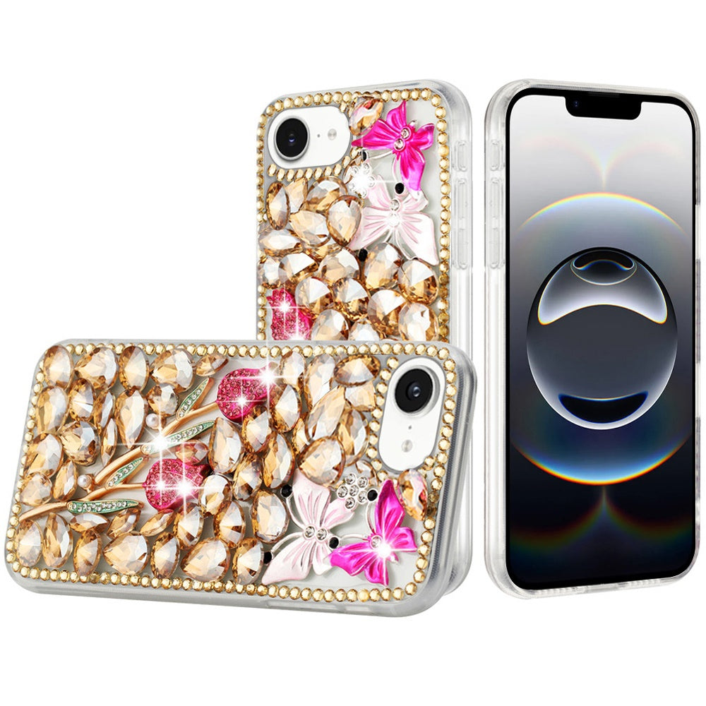For iPhone 16e Case Full Diamond Bling Cover Faux 3D Jewels + Tempered Glass