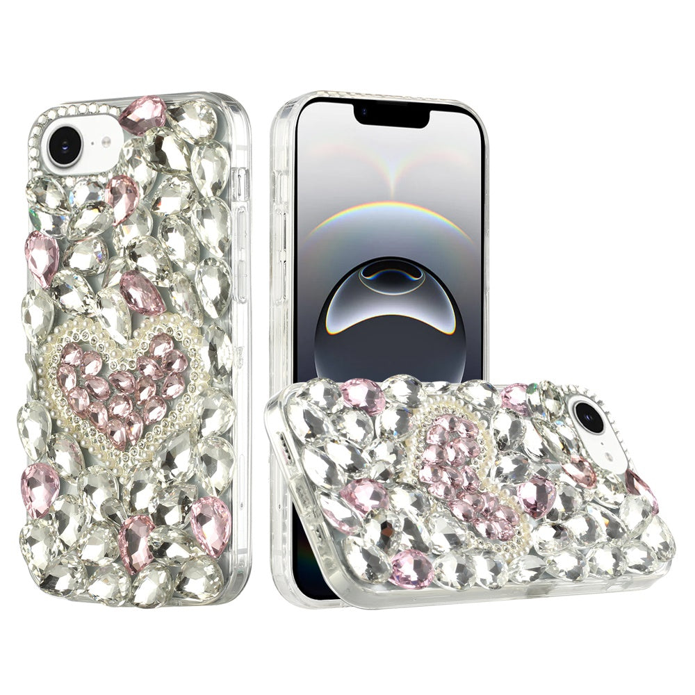 For iPhone 16e Case Full Diamond Bling Cover Faux 3D Jewels + Tempered Glass