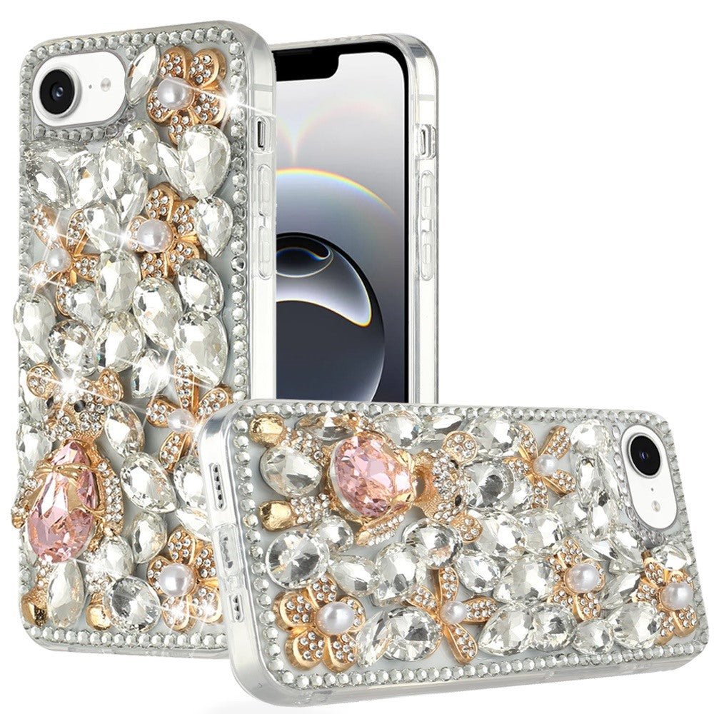 For iPhone 16e Case Full Diamond Bling Cover Faux 3D Jewels + Tempered Glass