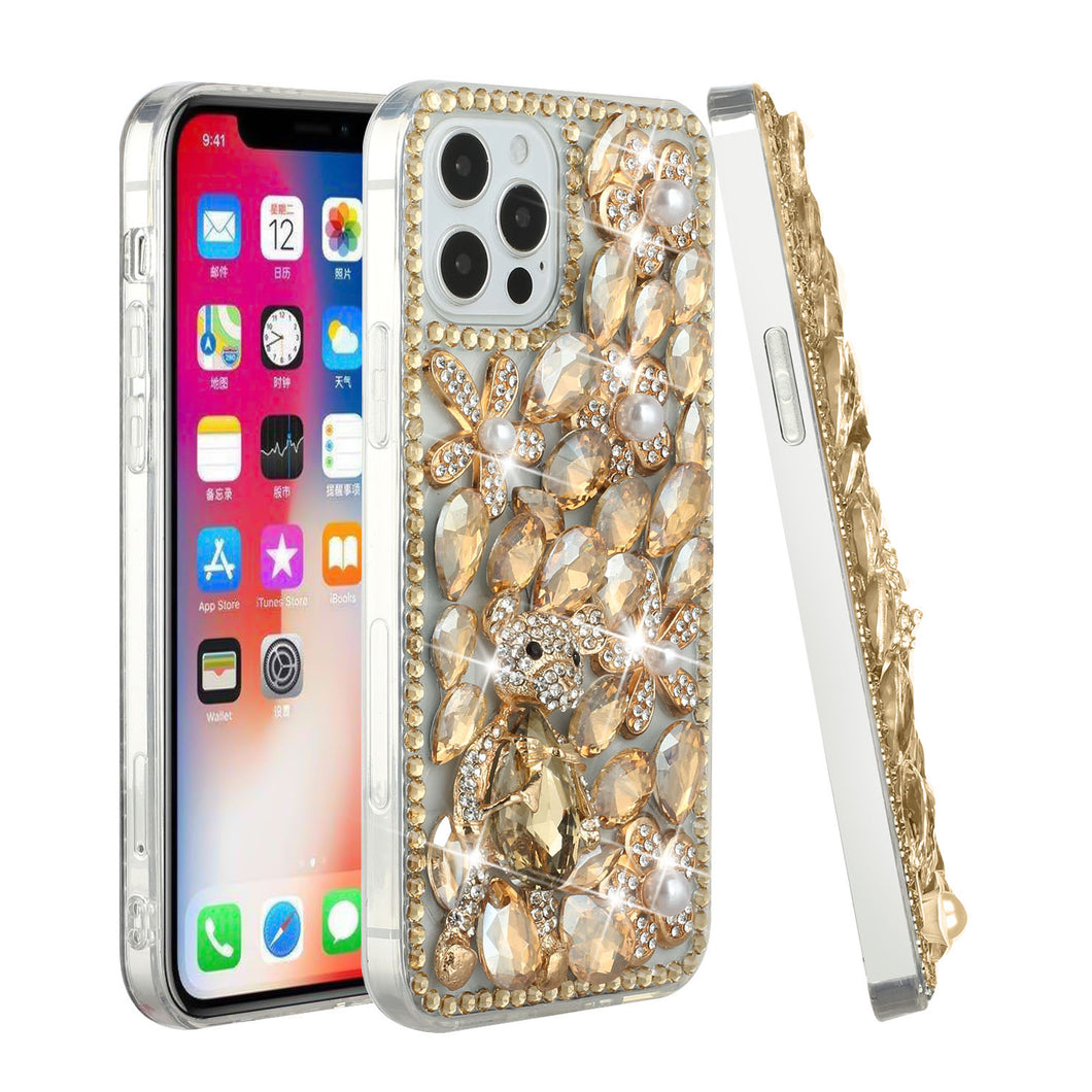 For iPhone 15 Case Full Diamond Bling w/ Faux Jewel Ornaments + 2 Tempered Glass