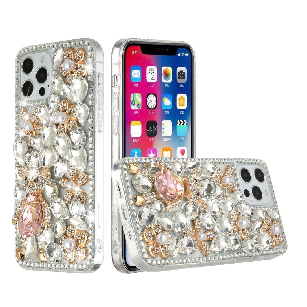 For iPhone 15 Case Full Diamond Bling w/ Faux Jewel Ornaments + 2 Tempered Glass