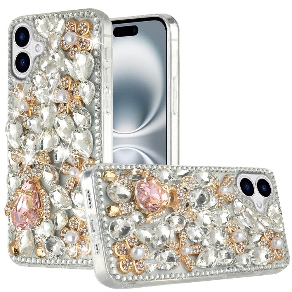 For iPhone 16 6.1inch Case Full Bling Rhinestones Phone Cover + Tempered Glass