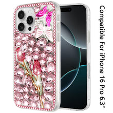 For iPhone 16 Pro 6.3in Case Full Bling Rhinestones Phone Cover + Tempered Glass