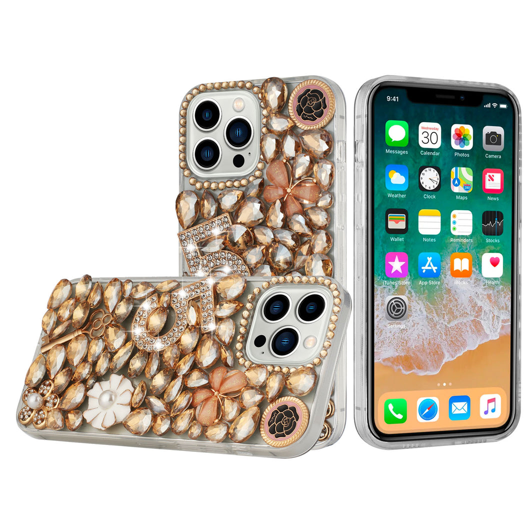 For iPhone 15 Case Full Diamond Bling w/ Faux Jewel Ornaments + 2 Tempered Glass