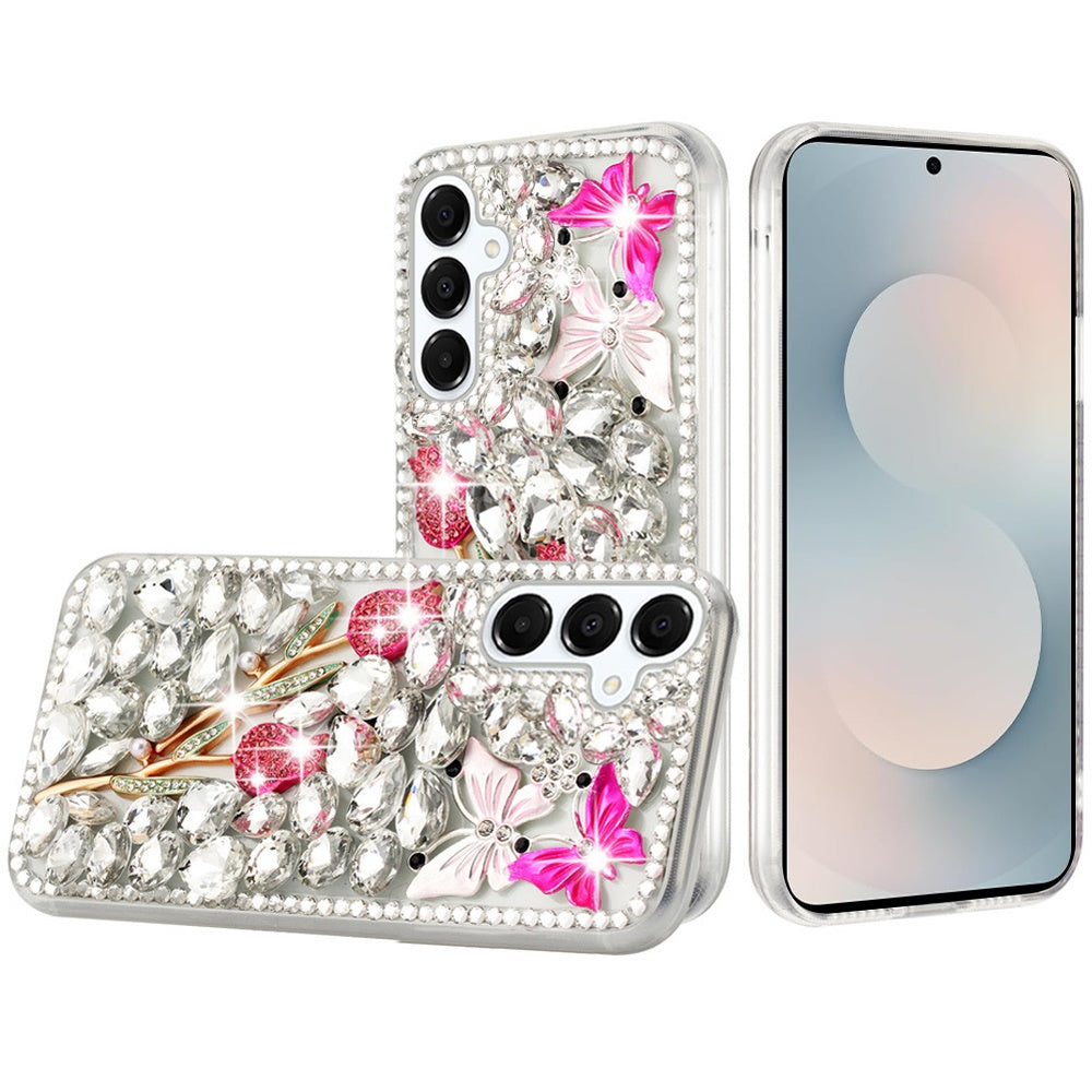 For Samsung S25 FE Case Full Diamond Bling 3D Jewel Ornaments + Tempered Glass