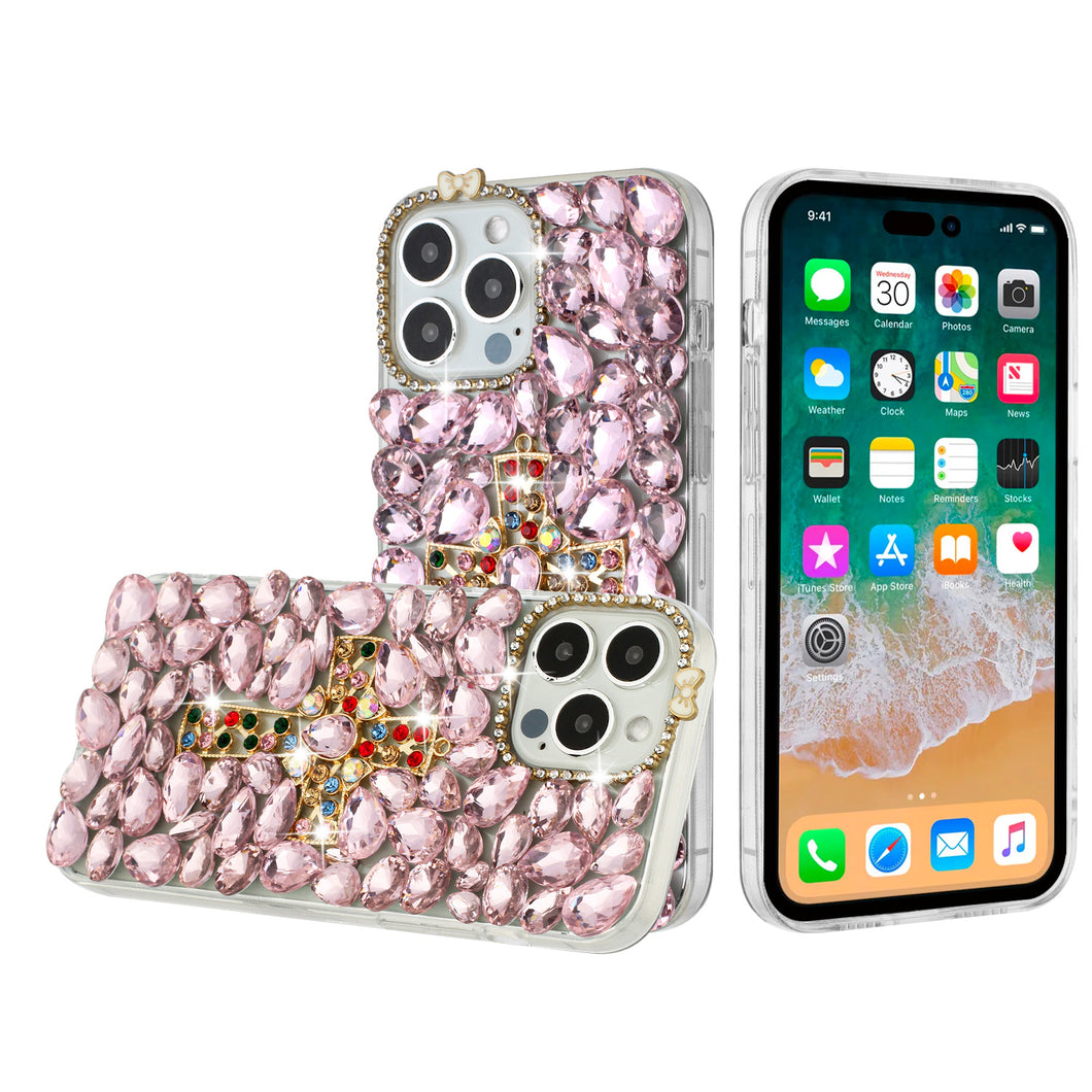 For iPhone 15 Case Full Bling Faux Diamond Cross Jewel Cover + 2 Tempered Glass