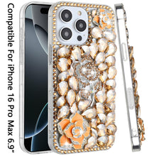 For iPhone 16 PRO MAX Case Full Bling Faux Diamond 3D Rose Cover +Tempered Glass