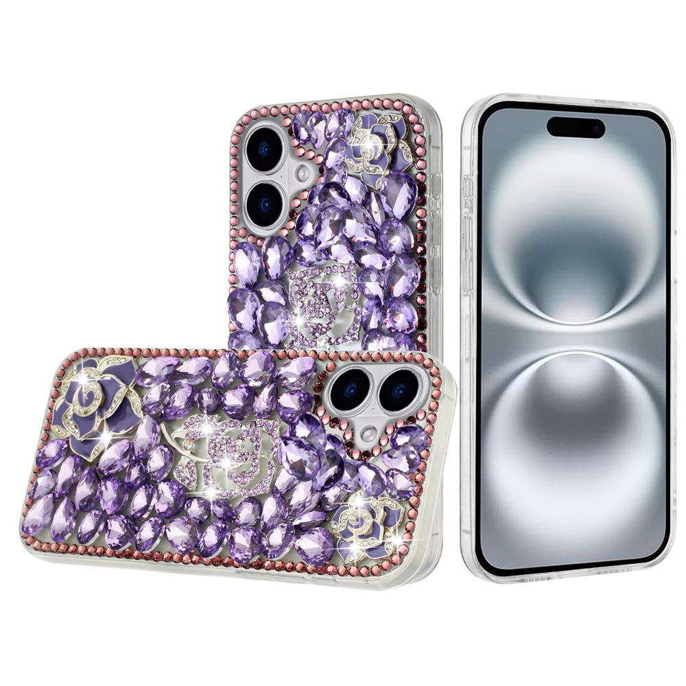For iPhone 16 6.1inch Case Full Bling Faux Diamond 3D Rose Cover +Tempered Glass